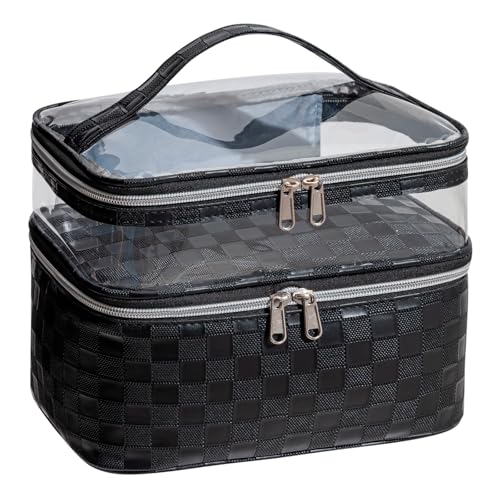 Large Makeup Bag with Brush Storage, Double Layer Cosmetic Bags for Women Girls, Waterproof Leather Toiletry Bag for Women, Travel Makeup Bag Skincare Bag with Zipper & Portable Handle - color: Checkerboard Black, style: Double-layer