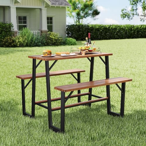 Giantex 4.5FT Picnic Table Bench Set for 4, Acacia Wood Outdoor Dining Table Set, 2" Umbrella Hole, Heavy Duty Metal Frame, Footrest Bar, Large Rectangular Tabletop for Porch Patio Lawn Garden - size: 54"×49.5"×39.5"