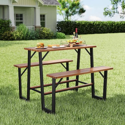 Giantex 4.5FT Picnic Table Bench Set for 4, Acacia Wood Outdoor Dining Table Set, 2" Umbrella Hole, Heavy Duty Metal Frame, Footrest Bar, Large Rectangular Tabletop for Porch Patio Lawn Garden - size: 54"×49.5"×39.5"