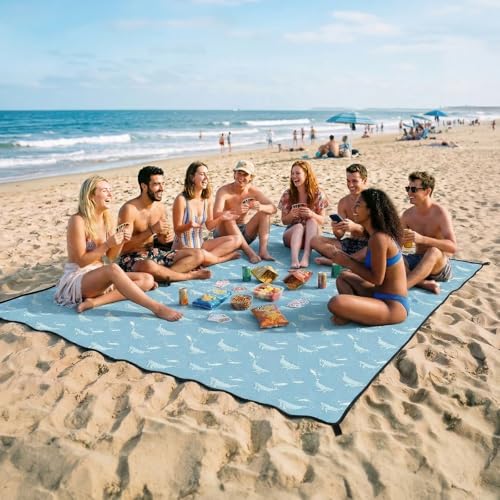 OIGAE Oversized Beach Blanket, 9×10 ft Sand-Free Outdoor Mat for Groups, Quick-Dry Picnic Blanket with Stakes & Corner Pockets, Whale, Light Blue - color: Light Blue Whale, size: 9x10 Ft (2～8 person)