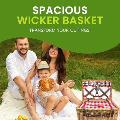 Nature Gear Picnic Basket, Wicker Basket with Handle for Outdoors, Insulated Woven Basket, Includes a Service Kit of Dinnerware & Wine Glasses, Picnic Basket Set for 4, Red & White - color: Red & White