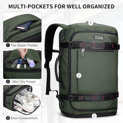 WITZMAN Travel Backpack for Men 35L Carry-on Laptop Backpack Luggage Fit 16 inch TSA Friendly Flight Approved with Shoe Compartment for Airplanes（B718 Army Green） - color: Army Green