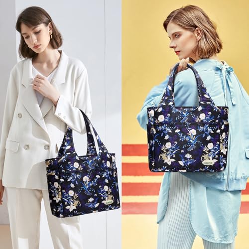 Extra Large Insulated Lunch Tote Bag for Women Men, Leakproof Cooler Lunch Box Shoulder Purse with Side Pockets for Work - Blue Flower - color: Blue flower
