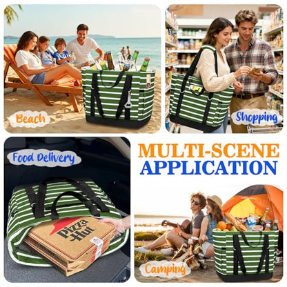 HUANLANG Soft Cooler Bag Insulated for Travel,Large Insulated Grocery Bags with Zippered Top,PEVA Collapsible Food Delivery Cooler Bag for Beach, Travel, Picnics - color: Army green and white stripes