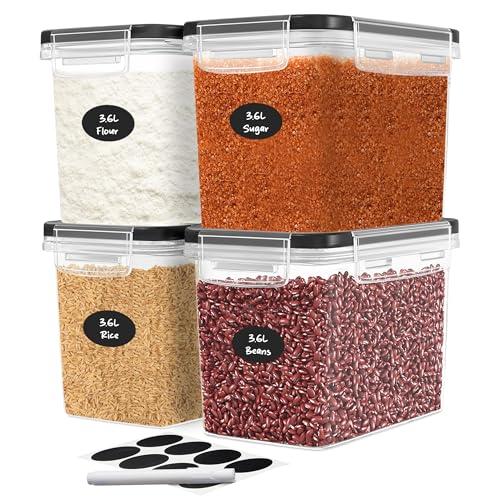 DWËLLZA KITCHEN Flour Sugar Storage Containers Set of 4; 3.6L Plastic Airtight Food Storage Containers with Lids for Kitchen Pantry Organization and Storage - Dry Food Containers, Labels & Marker - color: 01 - 3.6L (Set of 4)