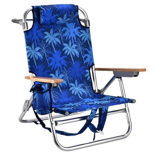 Backpack Beach Chairs for Adults Capacity 300 LBS Low 5 Position Beach Chair with Pouch Straps Folding Lightweight Reclining Aluminum Wide Lay Flat Single - color: 10in Wood Blue Leaves 1 Pack