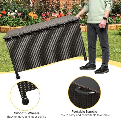 Wicker Deck Box, 125 Gallon All-Weather Outdoor Storage Box, Rattan Storage Bin for Patio Furniture, Outdoor Cushions, Pool Storage and Garden Tools, Brown
