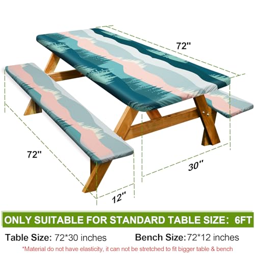 Picnic Table Cover with Bench Covers 6FT 3 Pcs Waterproof Windproof Aesthetic Camping Tablecloth with Drawstring Bag, Fitted for 6 Foot Rectangle Tables and Seats, 72 inch, Pink Green Mountains - color: Pink Green Mountains