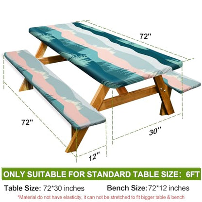 Picnic Table Cover with Bench Covers 6FT 3 Pcs Waterproof Windproof Aesthetic Camping Tablecloth with Drawstring Bag, Fitted for 6 Foot Rectangle Tables and Seats, 72 inch, Pink Green Mountains - color: Pink Green Mountains
