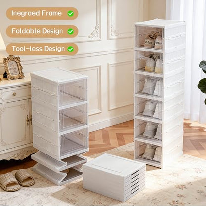 ZLLZUU Shoe Storage Box, No-Assembly 6 Tiers Foldable Shoe Organizer with Clear Door, Space-saving Shoe Rack，Sturdy Clear Plastic Stackable Sneaker Container - color: 6Tiers