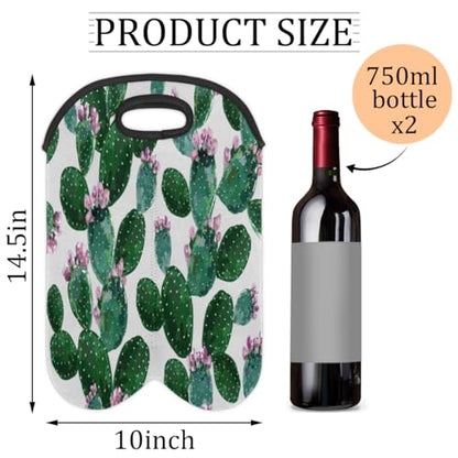 2 Bottle Wine Carrier Tote Bag Cute Cactus Insulated Neoprene Portable Bottle Holder Great Gift for Wine Lover, Great for Picnics Travel BYOB, Outdoor Entertaining