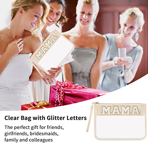 Iqimott Chenille Clear Letter Mama Bag Flat Pouch, Monogram Glitter Letter Patch Makeup Cosmetic Bag Zipper Toiletry Pouch, Portable Travel Beach Snack Wristlet Bags for Women Girls(Mama, Beige) - color: Mama-Beige