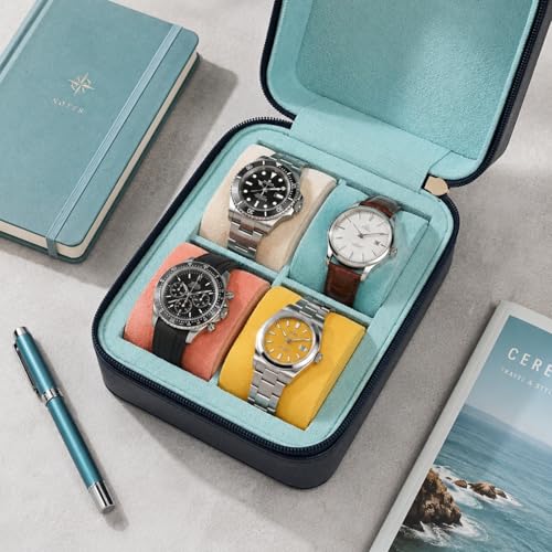 Leather Watch Roll for 4 Watches - Velvet-Lined Travel Case, Luxury Watch Rolls Organizer with Storage & Display for Men (4 Slot-Pool Party Blue) - color: 4 Slot-Pool Party Blue