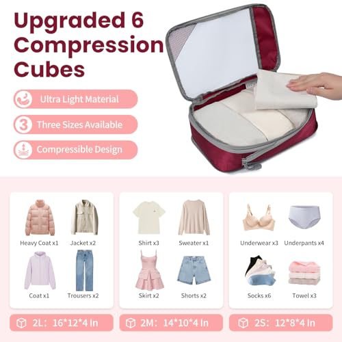 Compression Packing Cubes for Travel, Lightweight Vacation Travel Essentials, Travel Accessories for Suitcase Organizer Bags Set, Durable Luggage Organizer - color: Burgundy, size: 6 set-Half Mesh