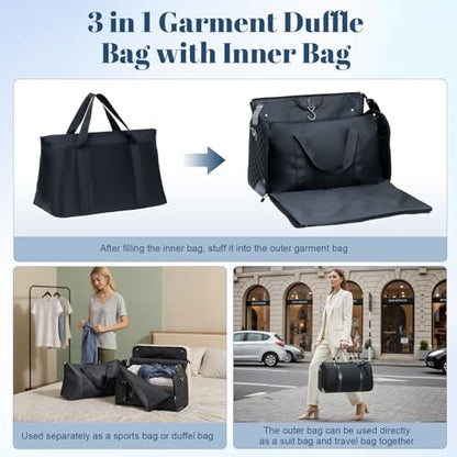 GARPROVM Garment Bags for Travel Women, 3 in 1 Convertible Garment Duffle Bags with Separated Tote Bag, Waterproof Suit Bag Travel Carry On Luggage Weekender Bag for Business Trip, Black - color: Black