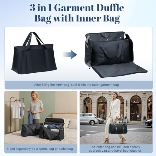 GARPROVM Garment Bags for Travel Women, 3 in 1 Convertible Garment Duffle Bags with Separated Tote Bag, Waterproof Suit Bag Travel Carry On Luggage Weekender Bag for Business Trip, Black - color: Black