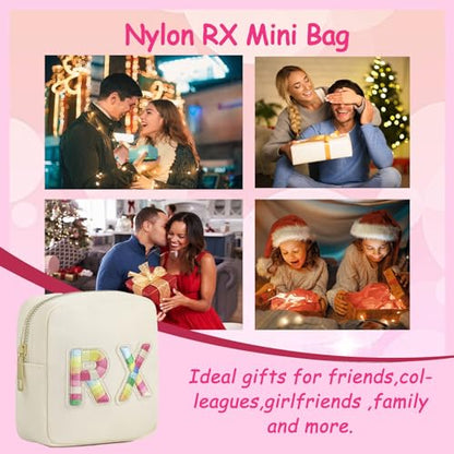 uekeboag Personalized Small Nylon Rx Cosmetic Bag, Cute Chenille Letter Patch Medicine Drug Pouch with Zipper,Preppy Makeup Travel Vitamin Bag for Women and Girls（01Sand） - color: 01Sand