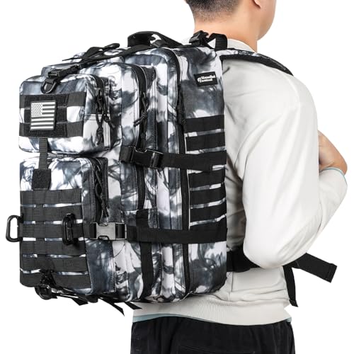 Hannibal Tactical MOLLE Assault Backpack, Tactical Backpack Military Army Camping Rucksack, 3-Day Pack Trip w/USA Flag Patch, D-Rings, Black White camo - color: Black/White Camo