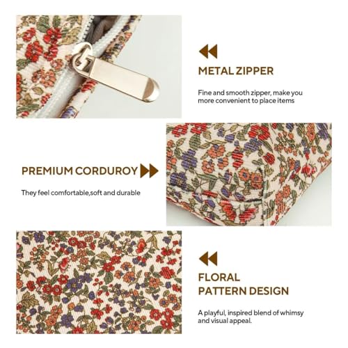 3Pcs Floral Makeup Bags, Cosmetic Bags for Women, Large Capacity Corduroy Makeup bag Set and Portable Mini Makeup Bag,Aesthetic Women Handbags Purses, Travel Essentials Aesthetic Stuff (Floral 01)