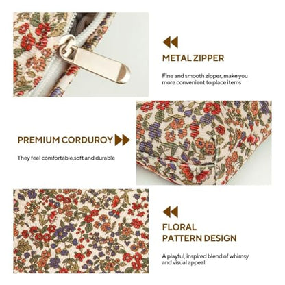 3Pcs Floral Makeup Bags, Cosmetic Bags for Women, Large Capacity Corduroy Makeup bag Set and Portable Mini Makeup Bag,Aesthetic Women Handbags Purses, Travel Essentials Aesthetic Stuff (Floral 01)