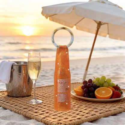 Wine Pouch Mesh Bag, Resin Handle Wine Bag, Sparkly Rhinestone Handwoven Mesh Bags, Party Water Bottle Bags Accessory, Daily Housewarming Party Use - color: Orange Red