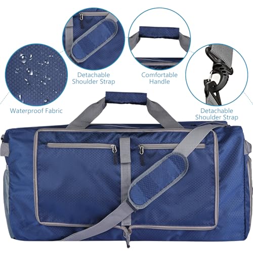 60L Duffle Bag with Shoes Compartment - Foldable&Large Capacity Travel Duffel Bags, Lightweight & Water-Resistant Gym Bag - Dark Blue - color: 60L-Dark Blue