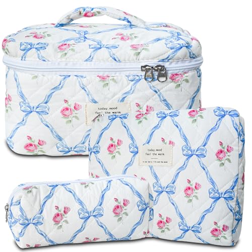 GISMTR 3Pcs Cotton Quilted Makeup Bag Large Travel Cosmetic Bag Coquette Makeup Pouch Cute Aesthetic Floral Toiletry Bag for Women Girls (flower-Q) - color: flower-Q