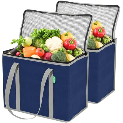 Creative Green Life XL Insulated Reusable Grocery Bags (2-Pack) - Premium Quality Cooler Bags with Hard Bottom Insert, Stands Upright, Washable - color: Navy Blue