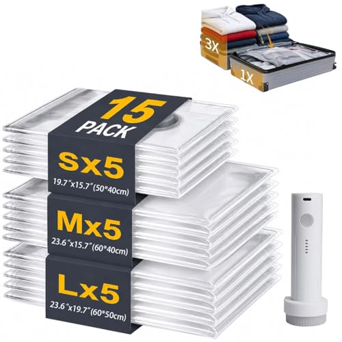 15 Pack Travel Vacuum Bags with Pump Vacuum Seal Bags for Clothes | 80% Space Saving, Thick PA+PE Material, Double-Zip & Triple-Seal Valve, Reusable, 3 Sizes Fit Luggage Packing & Home Storage - size: 15 Pack Travel Size