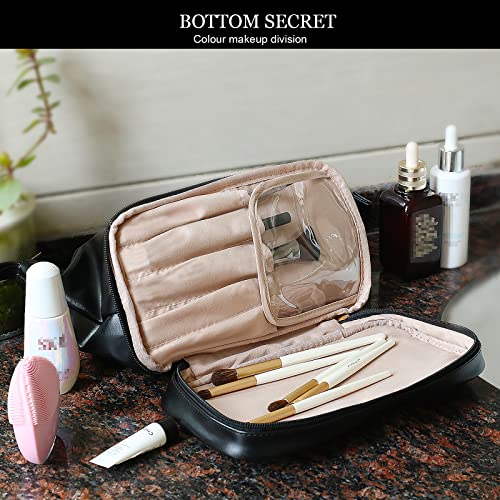 Abiudeng Large Capacity Makeup Bag Ladies Cosmetic Bag Travel Bag with Compartments Portable PU Leather Travel Makeup Bag with Handle - color: Black