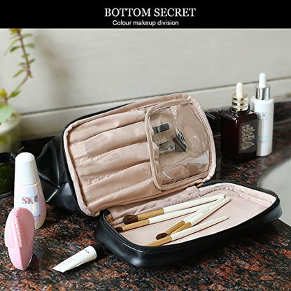 Abiudeng Large Capacity Makeup Bag Ladies Cosmetic Bag Travel Bag with Compartments Portable PU Leather Travel Makeup Bag with Handle - color: Black