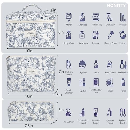 honitty Makeup Bag,Quilted Cosmetic Bags,Large Floral Make Up Organize bag,Makeup Bag Set for Women,Flower Travel Toiletry Bag - color: Blue
