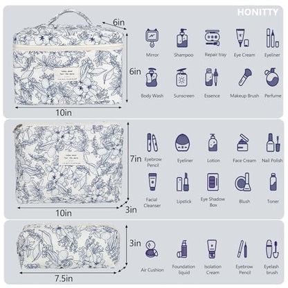 honitty Makeup Bag,Quilted Cosmetic Bags,Large Floral Make Up Organize bag,Makeup Bag Set for Women,Flower Travel Toiletry Bag - color: Blue