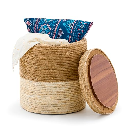 Wimarsbon Round Pouf Ottomans, Handwoven Natural Water Hyacinth Seagrass Pouffe,Outdoor Rattan Stool Accent Seat, Bohemian Coastal Home Decor (Storage - 14inch Natural Cattail & White Corn Shell) - color: Storage - 14inch Natural Cattail & White Corn Shel