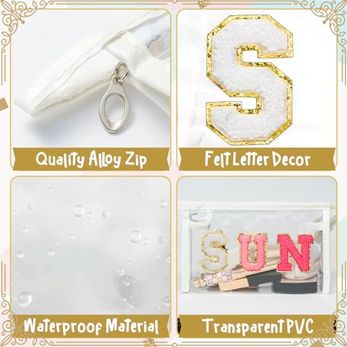 Y1tvei Clear SUN Makeup Bag - Preppy Rose Red SUN Chenille Varsity Letter Cosmetic Bag PVC Transparent Zipper Waterproof Beach Makeup Carry Pouch Portable Travel Toiletry Organizer for Women(White) - color: Rose red SUN White