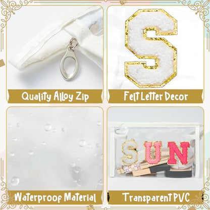 Y1tvei Clear SUN Makeup Bag - Preppy Rose Red SUN Chenille Varsity Letter Cosmetic Bag PVC Transparent Zipper Waterproof Beach Makeup Carry Pouch Portable Travel Toiletry Organizer for Women(White) - color: Rose red SUN White