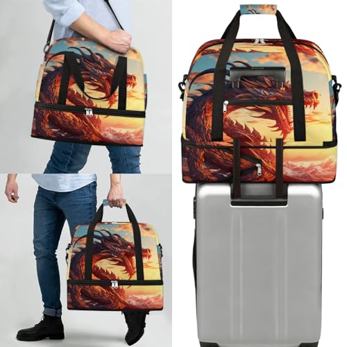 Travel Duffle Bags With Shoes Compartment for Women Men Cartoon Animal Dragon Lightweigh Sports Tote Gym Bag Foldable Canvas Weekender Overnight Carry On Luggage Handle Bag - color: print 10