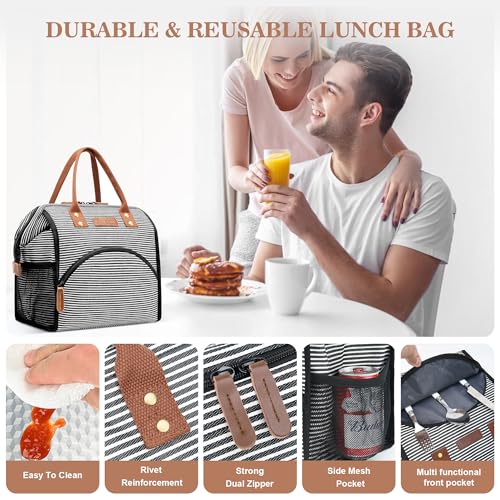 LOKASS Lunch Bag Insulated Lunch Box Wide-Open Lunch Tote Bag Large Drinks Holder Durable Canvas Thermal Snack Organizer for Women Men Adults Work Picnic Hiking Beach Fishing,Stripes - color: Classic Stripe