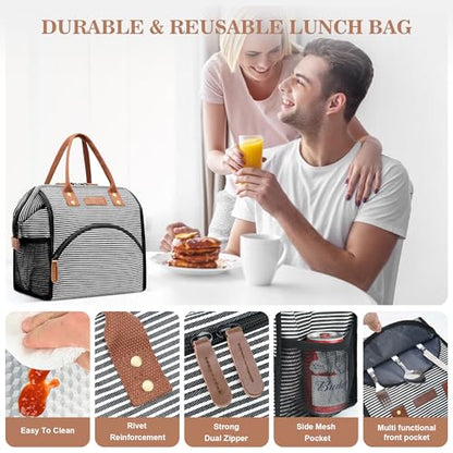 LOKASS Lunch Bag Insulated Lunch Box Wide-Open Lunch Tote Bag Large Drinks Holder Durable Canvas Thermal Snack Organizer for Women Men Adults Work Picnic Hiking Beach Fishing,Stripes - color: Classic Stripe