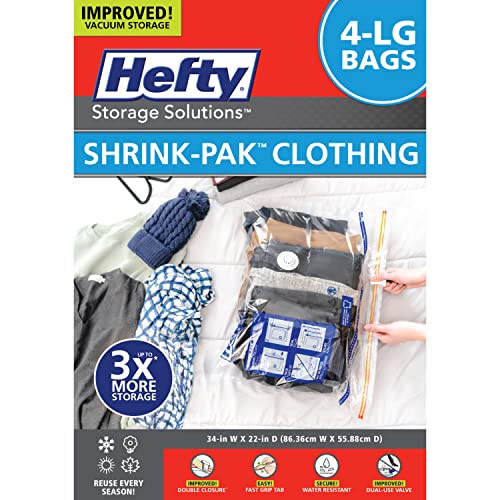 Hefty Shrink-Pak - 4 Large Vacuum Storage Bags for Clothes, Pillows, Towels, or Blankets - Space Saver Vacuum Sealer Bags Ideal Under Bed Storage Solutions - style: 4 Large / Clothing
