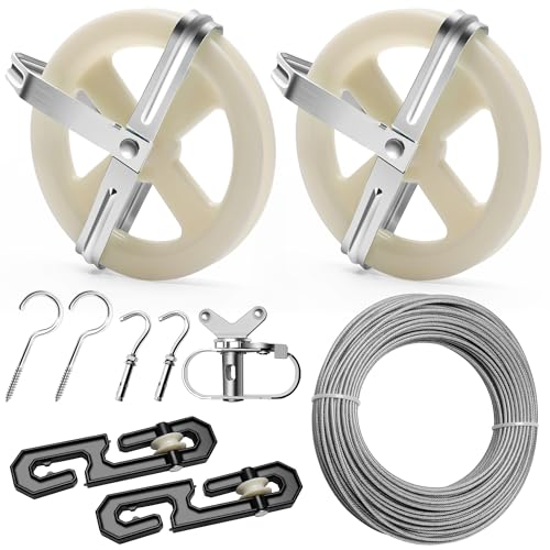 Outdoor Clothesline Kit, 150.9FT Heavy Duty Plastic Coated Wire Rope, Includes 2 Durable Pulleys, 2 S-Type Dividers, 1 Tightener, 2 Screw Hooks & 2 Expansion Screws