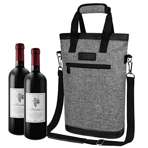 opux Two Bottle Wine Bag Carrier Tote, Insulated Leakproof 2 Bottle Wine Cooler Bag for Travel BYOB Picnic, Portable Wine Case, Gift for Men Women Wine Lover Birthday Party Christmas, Heather Grey - color: Heather Gray