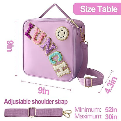 Insulated Lunch Bag With Adjustable Shoulder Strap, Nylon Preppy Lunch Box Large Insulated Lunch Bag Reusable Lunch Tote Bag with Smiley Preppy LunchBag for Girls School Travel Picnic (Purple) - color: Purple