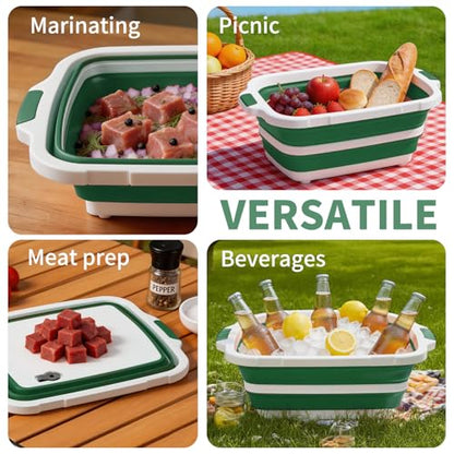 XUDAKAIXIN Collapsible BBQ Prep Tub for Meal Prep, Marinating,Food Storage, picnics, camping, barbecues,cutting fruits and vegetables - Includes Cutting Board and Locking Lid,(X-Large) Green - color: (X-large)green