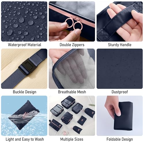 Packing Cubes for Travel - 8 Set Luggage Organizer Bags for Family, Mesh Breathable Packing Cubes for Suitcases Durable Travel Essentials Bags Set - color: Navy Blue