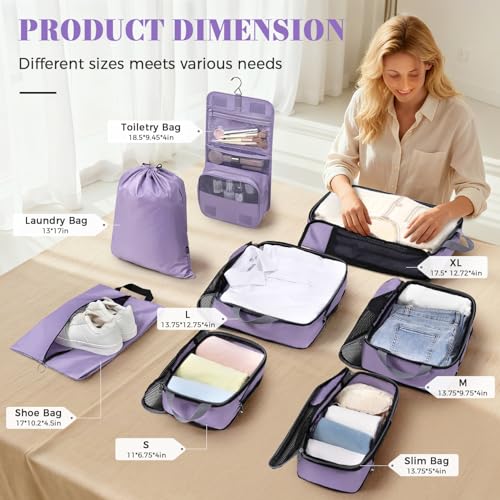 BAGAIL 4 Set/6 Set/8 Set Compression Packing Cubes Travel Accessories Expandable Packing Organizers(HalfMesh,8-Dusty Purple) - color: 8-Dusty Purple, style: Half Mesh