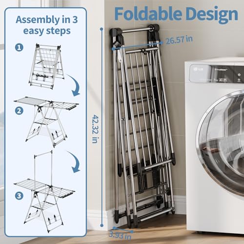 APEXCHASER Clothes Drying Rack with High Hanger, Foldable 3-Level Drying Racks with Shoe Rack, Crossbar and Vertical Rod Laundry Stand with Adjustable Wings Silver - color: Silver, size: 2 Wings