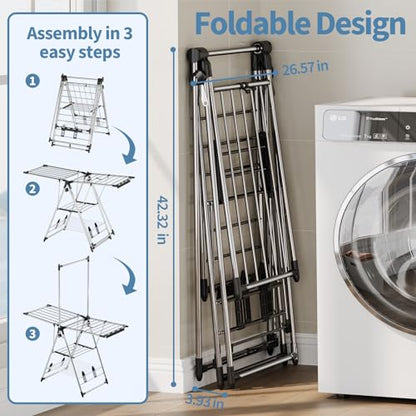 APEXCHASER Clothes Drying Rack with High Hanger, Foldable 3-Level Drying Racks with Shoe Rack, Crossbar and Vertical Rod Laundry Stand with Adjustable Wings Silver - color: Silver, size: 2 Wings