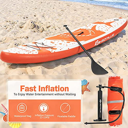 Goplus Inflatable Stand up Paddle Board, 10'/10.5'/11' SUP 6" Thick with Premium Accessories, Adjustable Aluminum Paddle, Leash, Carry Bag, Hand Pump, Removable Fin, ISUP for Adults - size: 10.5 FT, style: Orange+White