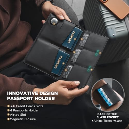 VULKIT Family Passport Holder for 4 Leather Passport Wallet with Airtag Slot Multiple Passport Holder RFID Blocking Bifold Travel Documents Organizer - color: Black